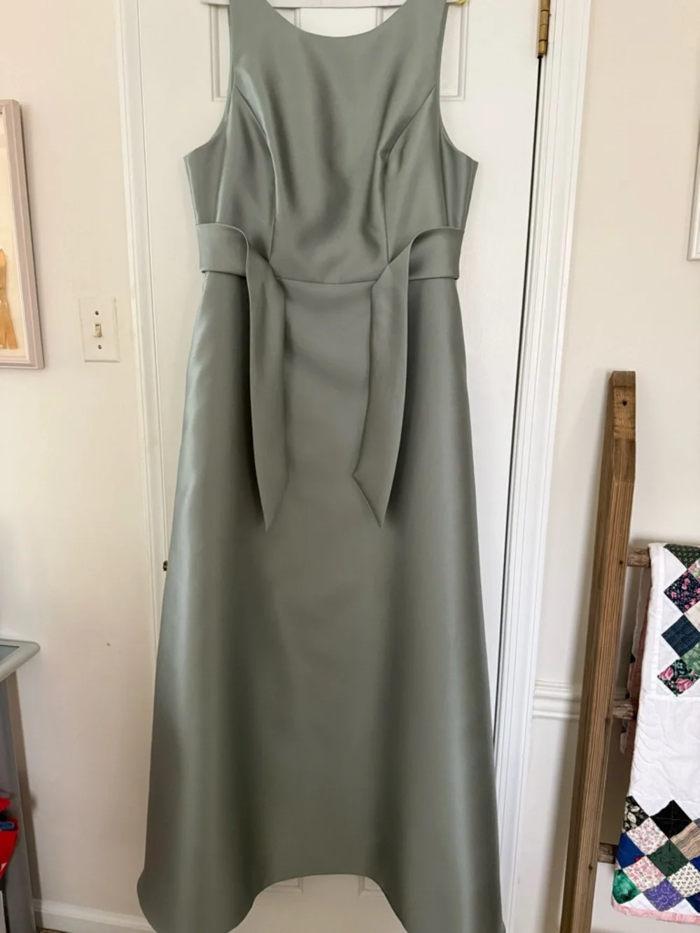 Alfred Sung Sleeveless Sage Green A-Line Dress with Waist Tie - Bridesmaid Dress - Picture 1 of 6